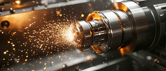 Precision cutting sparks excitement in a modern CNC machining workshop at dawn