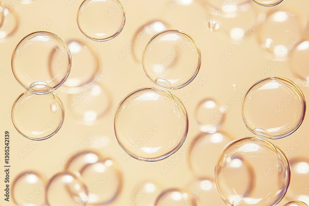 Poster transparent bubbles floating on a soft beige background: a macro photography close-up