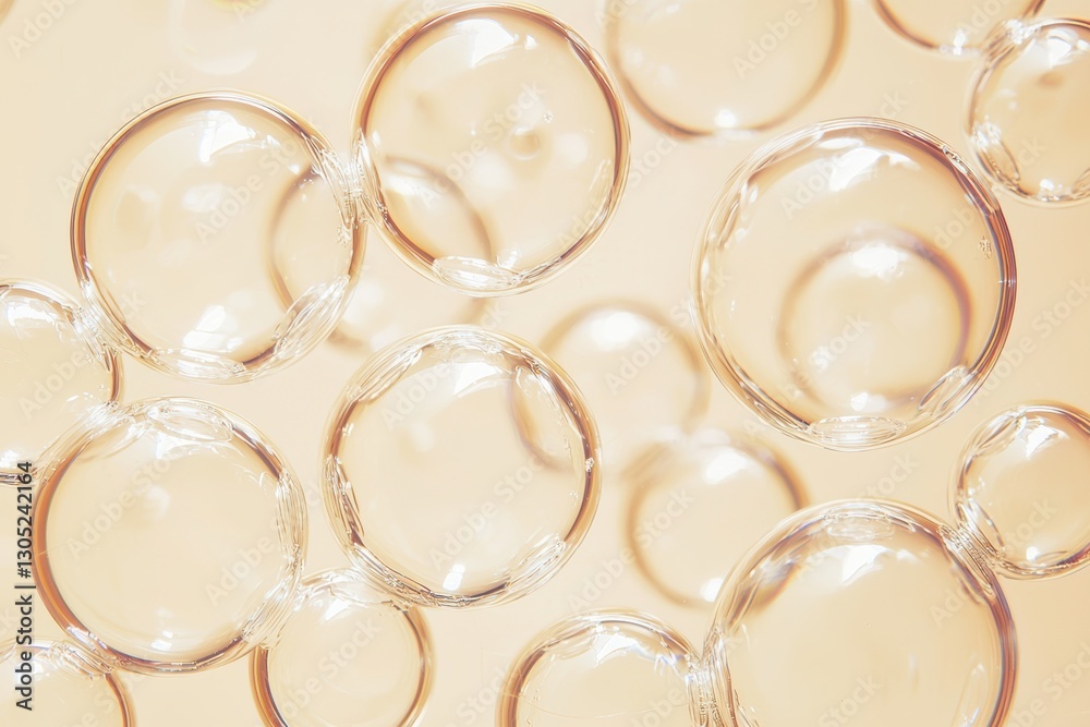 Poster Transparent bubbles floating on a soft beige background: a macro photography close-up