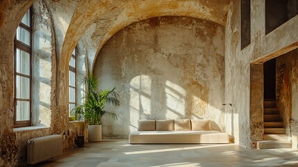 Fototapeta premium Interior shot of large room with arched ceiling, window light, and couch