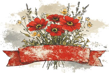 Red poppies bouquet, grunge banner