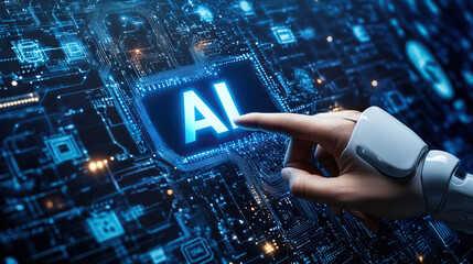 AI A.I. Artificial Intelligence hands pushing button in technology environment
