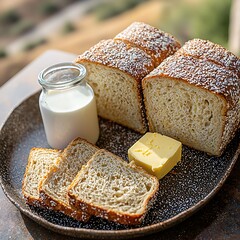 Fresh bread slices with butter and milk
