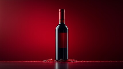 A red wine bottle suspended with dark red background.