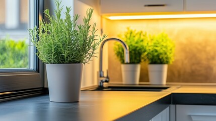 Fresh potted rosemary plant on a modern kitchen countertop near a window. Indoor herb gardening and home cooking inspiration.