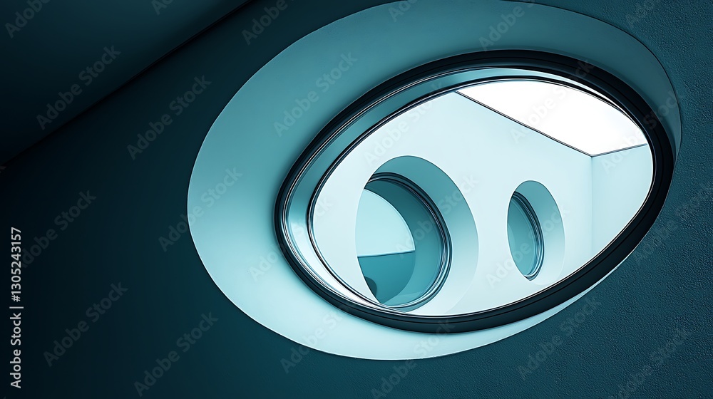 Poster interior view looking through oval window and round openings, modern architectural design