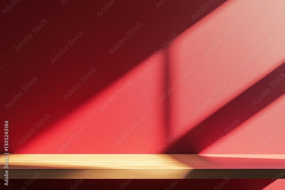 Aufkleber empty wooden shelf on a red wall with light and shadow