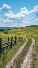 Fototapeta premium Scenic dirt path winding through vibrant fields under a bright blue sky with fluffy clouds