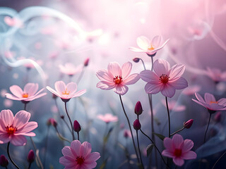 Fototapeta premium Pink cosmos flowers against a blue background. Dreamy Vapor Mist Garden. Romantic background