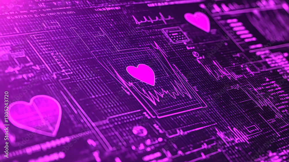 Poster analyzing heartbeat patterns in digital data virtual environment infographic tech visualization abst