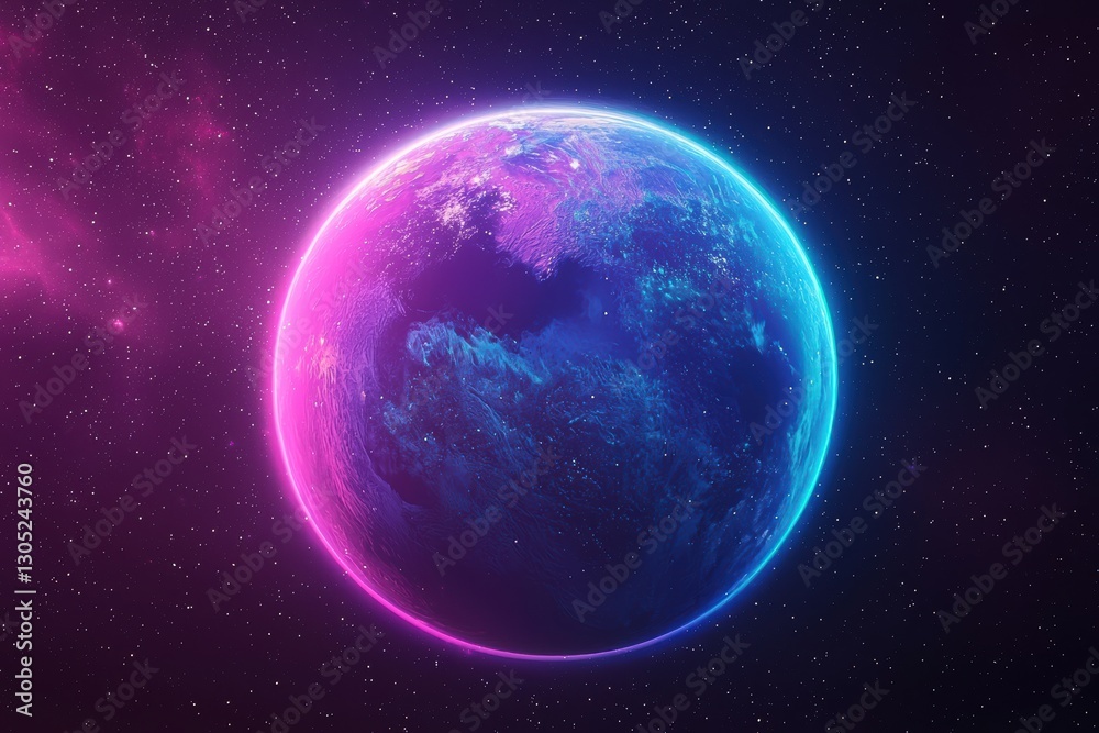 Poster planet earth glowing in space with purple and blue gradient color scheme