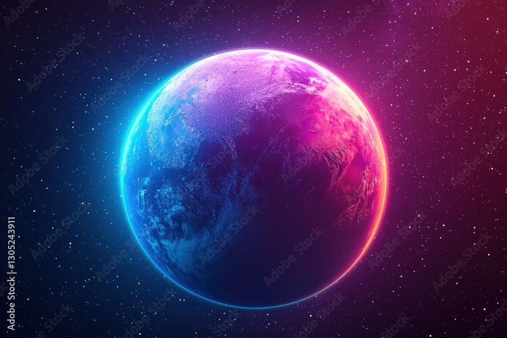 Wall mural planet earth rotating in space with glowing edges and starry background