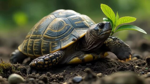 Wildlife tortoise with a small green leaf near its shell sitting on rich earth