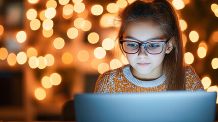 Girl using laptop cozy room digital learning warm lights focused mood