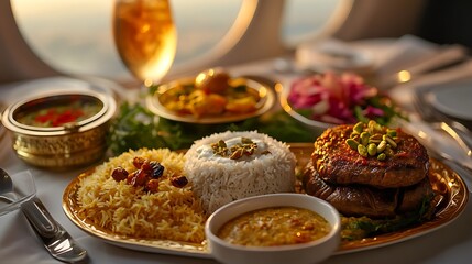 A luxurious Arabian feast in first-class, presenting tender lamb biryani, saffron-infused rice, grilled eggplant with yogurt sauce, and rosewater pistachio cake,