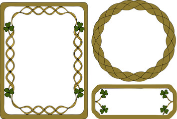 A set of decorative Celtic-style border elements for framing designs, featuring interwoven lines and shamrock accents, isolated on a white background.
