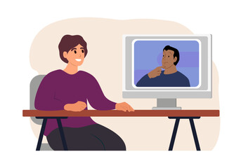 Man using computer for collective Virtual Meeting. Man at desktop chatting with colleague online. Vector illustration.
