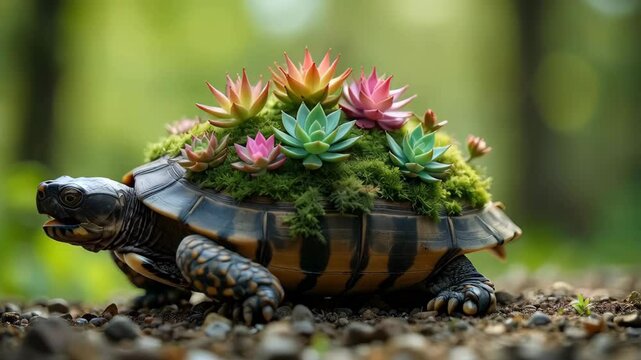 Creative close-up wildlife tortoise with succulent garden on its shell