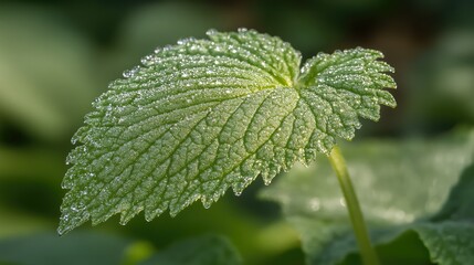 Close-up View of a Dew-Kissed Green Leaf Highlighting the Intricate Texture and Natural Beauty Found in Lush Botanical Environments and Gardens