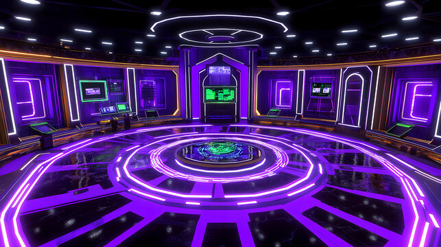 Futuristic control room design virtual studio digital art high-tech environment wide angle neon aesthetics for gaming