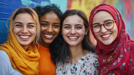 Fototapeta premium Headshot of group of cheerful diverse women in casual clothes smiling broadly against bright background