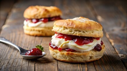 A delicate, flaky scone is cut in half, revealing the golden layers within, topped with a spoonful of rich, creamy clotted cream and a sweet strawberry preserve , layer, strawberry jam