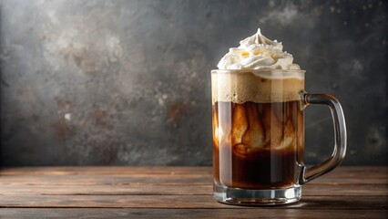 Creamy whipped topping floats on top of a frothy root beer drink in a clear glass cup with condensation drips on the side, whipped cream, dessert drink