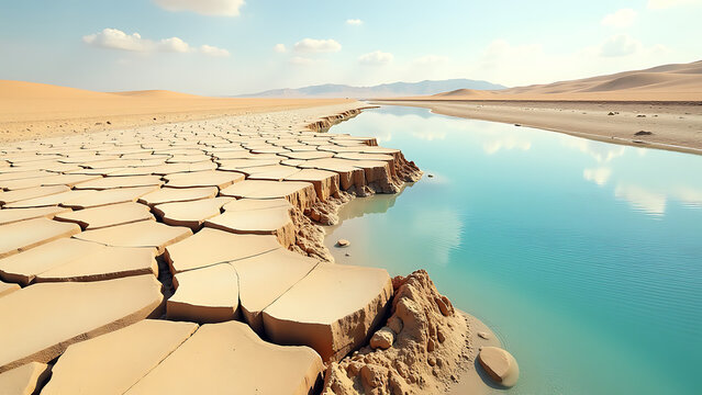 sert landscape reveals stark contrast dryness dwindling water cracked earth beige hues painting vivid picture