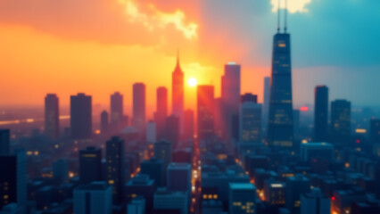 Fototapeta premium silhouettes skyscrapers warm orange cool blue hues blurred city