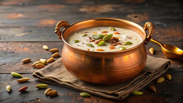 Traditional Kerala style Palada payasam in a large copper pot with cardamom pods and nuts garnished on top, Palada payasam, traditional Indian food