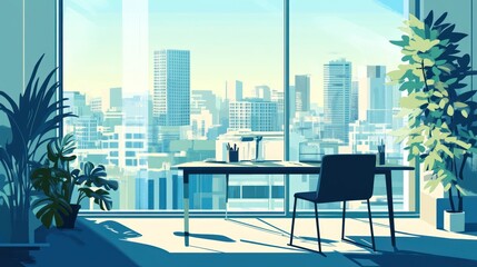Fototapeta premium Modern office with city view, workspace, sunlight. Possible use Stock photo