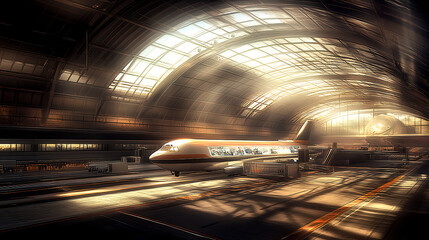 Modern aircraft arrival grand airport terminal digital art urban setting wide angle futuristic travel experience