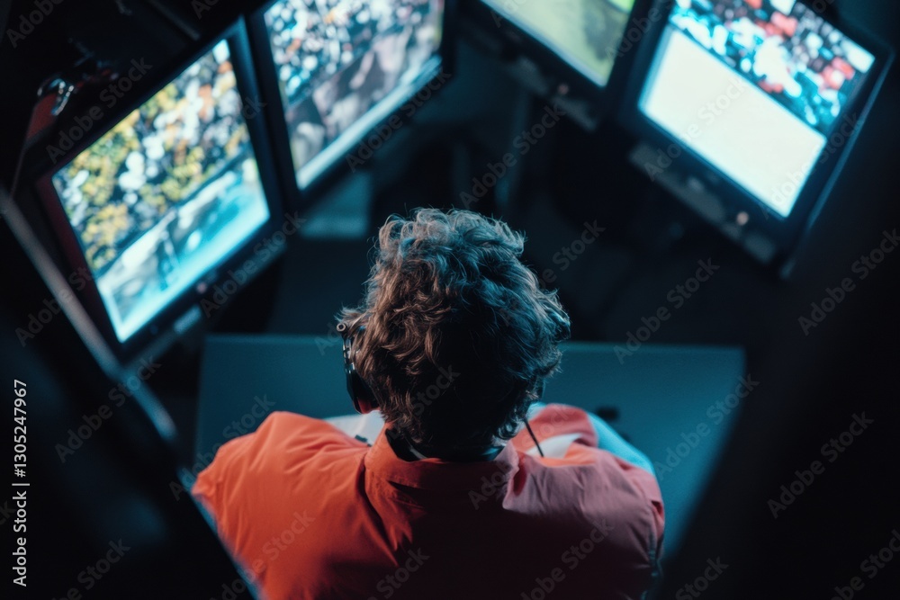 Poster Immersive AI Surveillance Next-Gen Digital Monitoring Hub with Cybersecurity Professional Managing Multi-Screen Operational Intelligence in Cutting-Edge Control Environment