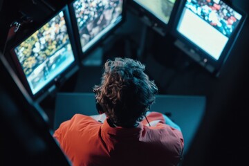 Fototapeta premium Immersive AI Surveillance Next-Gen Digital Monitoring Hub with Cybersecurity Professional Managing Multi-Screen Operational Intelligence in Cutting-Edge Control Environment
