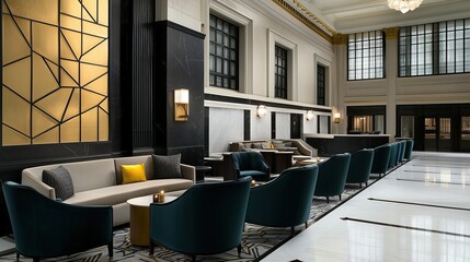 Elegant hotel lounge with plush seating and geometric wall decor. Modern hospitality interior