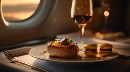 A Michelin-starred fine dining experience at 30,000 feet, featuring a delicate serving of foie gras with fig compote, gold-dusted macarons, and a crystal glass of Bordeaux,