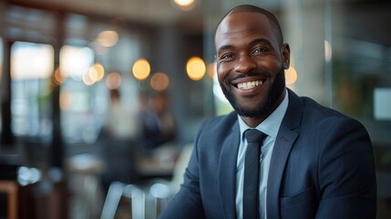 Fototapeta premium Smiling man in a suit radiates joy and positivity in a busy cafe setting during the afternoon