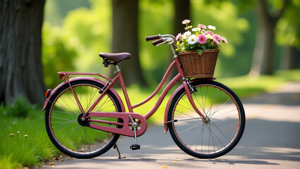 Fototapeta premium A vintage bicycle with a basket of flowers, parked in a picturesque setting, evoking a sense of nostalgia and simple pleasures.