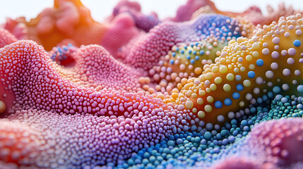 Abstract landscape of vibrant colors and soft textures resembling coral reefs, showcasing a unique and surreal microscopic world.