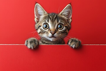 Curious Kitten Peeking from Red Cardboard