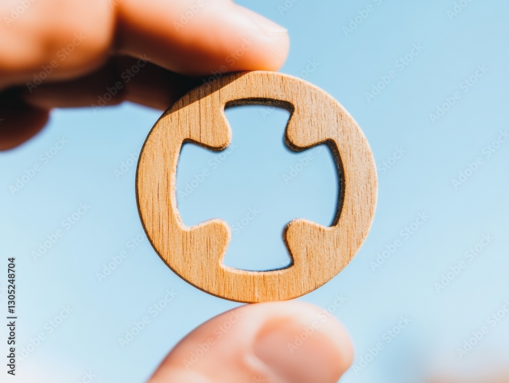 Poster minimalist wooden puzzle piece innovative problem-solving metaphor for strategic business growth, co