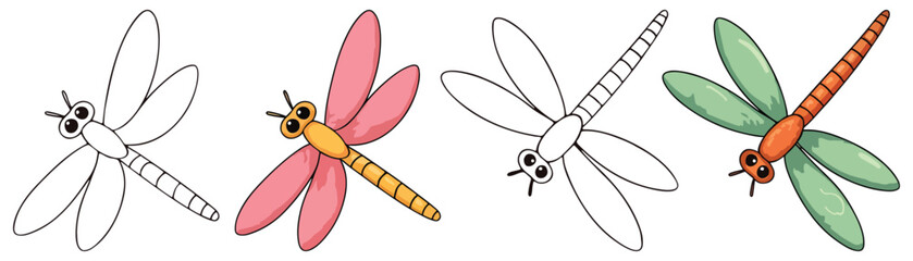 Dragonflies Isolated Line Art Vector Outline Illustration Black and White with Coloring Sample