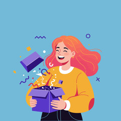 Woman Opening Gift Box with Surprising Confetti on Light Blue Background