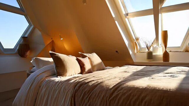 Cozy attic bedroom with large skylights, soft bedding, and warm sunlight creating a peaceful ambiance

