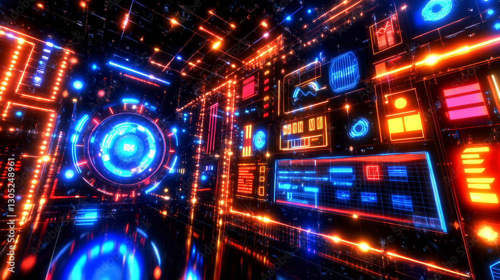 Aufkleber Dynamic digital display virtual environment 3d visualization high-tech space futuristic perspective data interaction