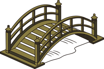 isometric arched wooden bridge over river-3d vecto style