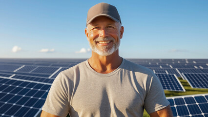 A smiling man stands proudly at a solar farm representing the push for sustainable energy solutions, Clean energy and renewable energy concepts
