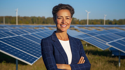 A smiling woman stands confidently among solar panels farm and wind turbines promoting clean energy, renewable energy and sustainable practices and sustainability awareness.