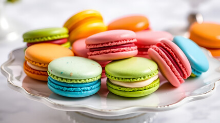 Obraz premium Delightful Paragon: Colorful French Macarons on Elegant Dessert Table - Gourmet Pastry Photography