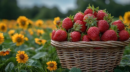 Ripe strawberries in basket, sunflower field